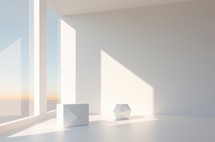 Abstract empty room with white walls, floor and white cube