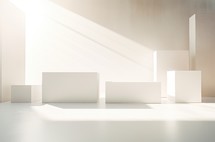 Minimal abstract scene with white podium and sunlight.