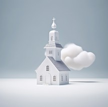 White church in the clouds on a gray background. 3d rendering