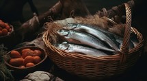 "Feeding the multitude". Fresh fishes in a wicker basket on a dark wooden background.