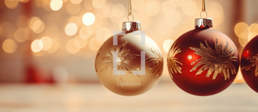 Christmas baubles on bokeh background. Xmas holidays concept