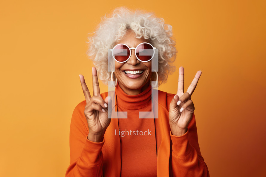 Cheerful african american woman in sunglasses showing peace signs on orange background