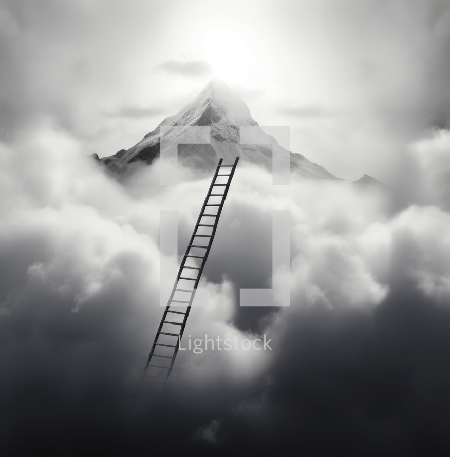 Path to Heaven. Ladder leading to the top of a mountain with clouds in the background