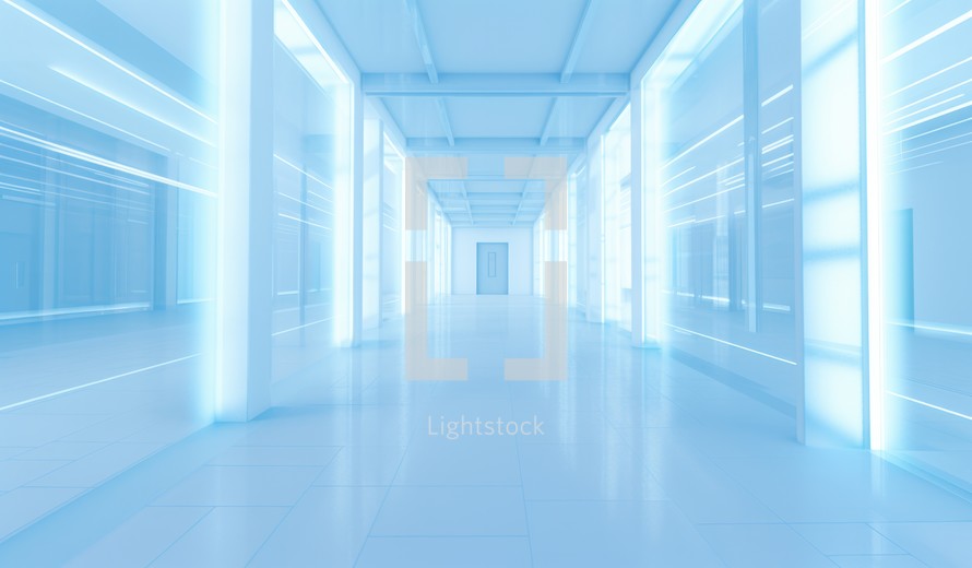 Futuristic corridor with blue light and reflections.