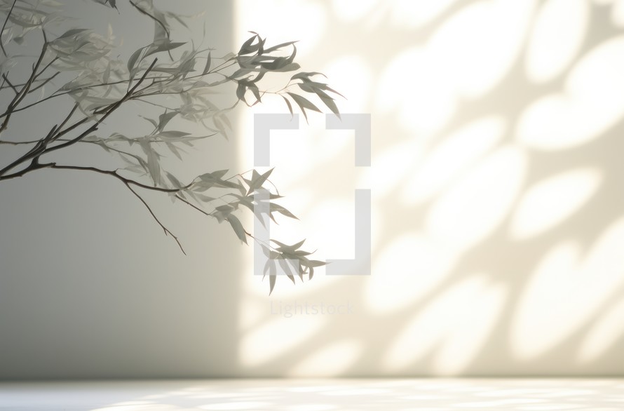 Shadow of leaves on white wall with sunlight