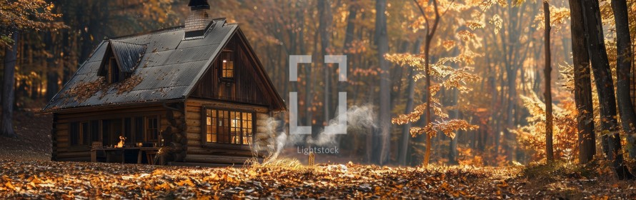 A cabin nestled among trees in the forest, completely surrounded by autumn leaves under the sunlight.