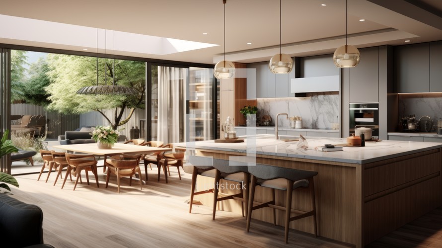 Generative AI Detailed photorealism showcasing a spacious open-plan kitchen with a central island and panoramic windows. photorealistic