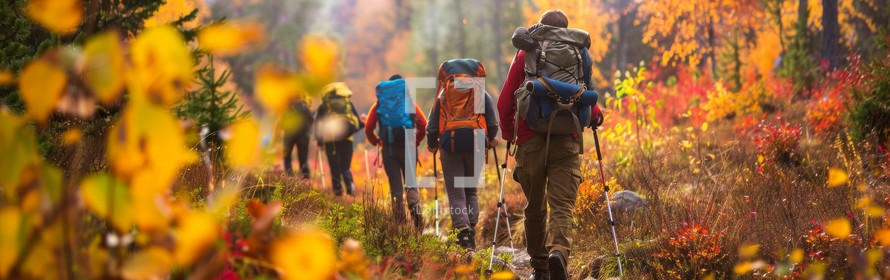 A diverse group of hikers trekking through a dense forest filled with tall trees, bushes, and ferns. They are wearing backpacks and sturdy hiking boots, immersed in the natural surroundings.