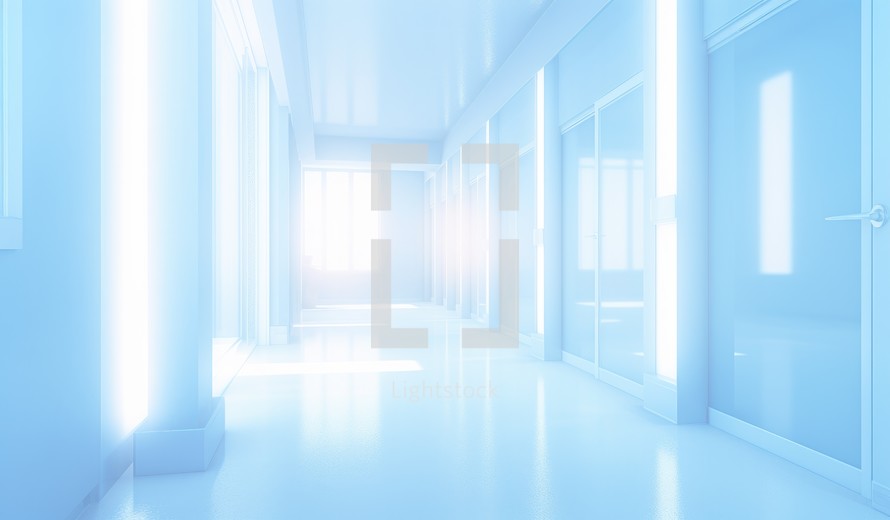 Blue corridor with glowing lights in the center. Heavenly spaces