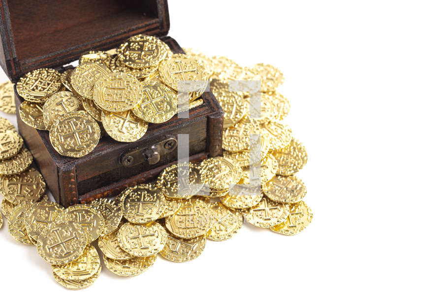 Treasure Chest Filled with Golden Coins Isolated on a White Background