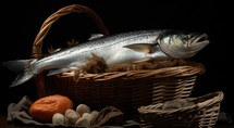"Feeding the multitude". Fresh raw rainbow trout in a wicker basket on a black background