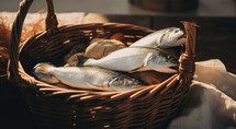 "Feeding the multitude". Fresh fishes in a wicker basket on a wooden background. Selective focus.