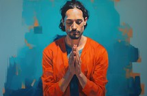 Portrait of young man with hands folded in prayer on a blue background