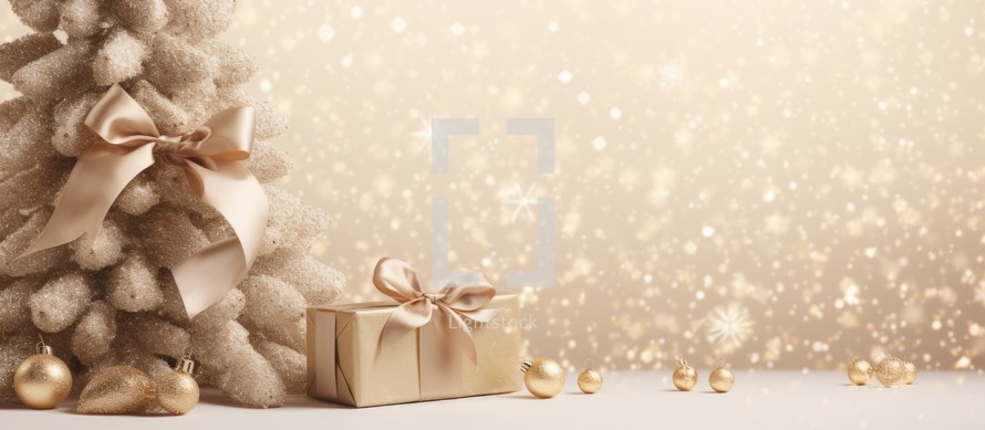 Christmas greeting card. Festive decoration on bokeh background. Copy space.  Flat lay. Top view.