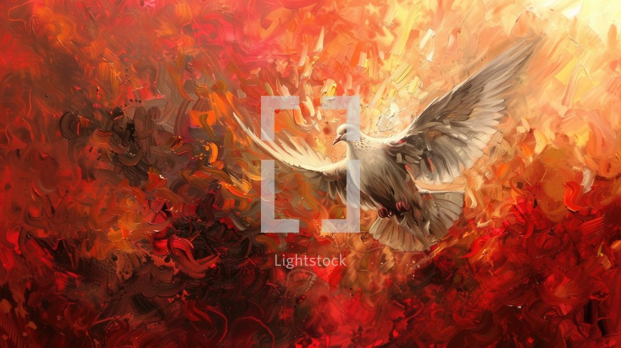 Holy spirit, Dove in flames. Digital painting of a dove flying in the air on a red fire background.

