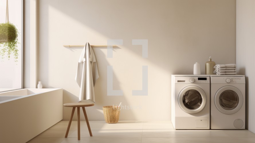 Generative AI A serene white room with a wall-mounted washing machine, emphasizing simplicity and functionality