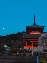 Moon Over The Red Pagoda In Tokyo