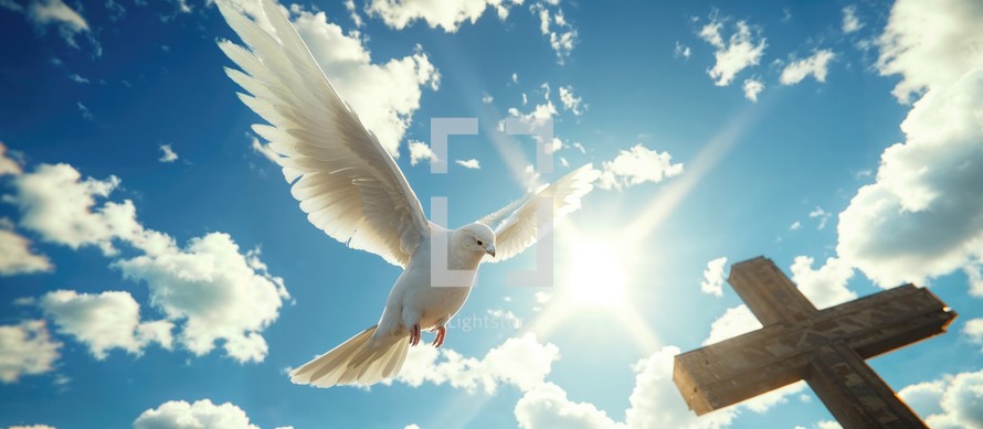 Holy Spirit. Winged Dove flying in front of the cross against blue sky with clouds. Christian concept