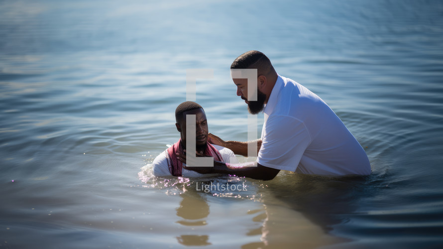 Baptism. A black Pastor baptize a black man in the water