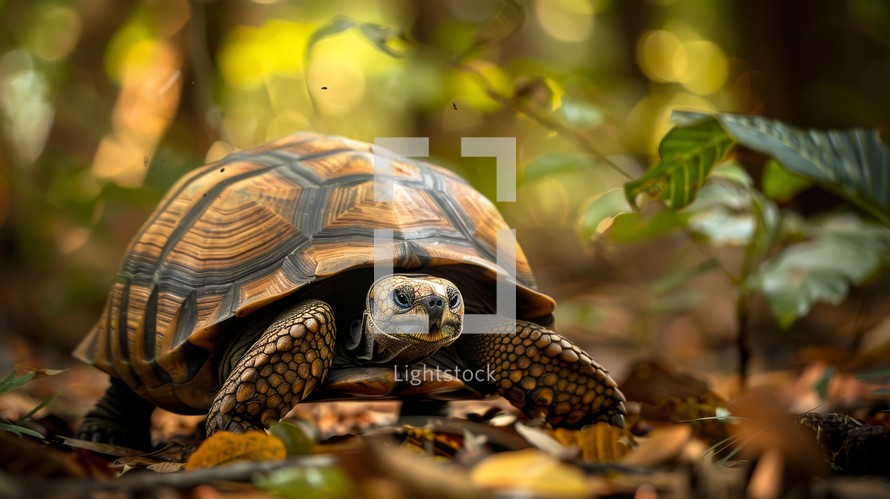 A Madagascar Tortoise slowly makes its way through the fallen leaves in a dense forest setting. The tortoises shell contrasts against the earthy tones of the forest floor as it moves steadily along the path.