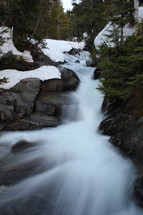 flowing water in a stream at winter 