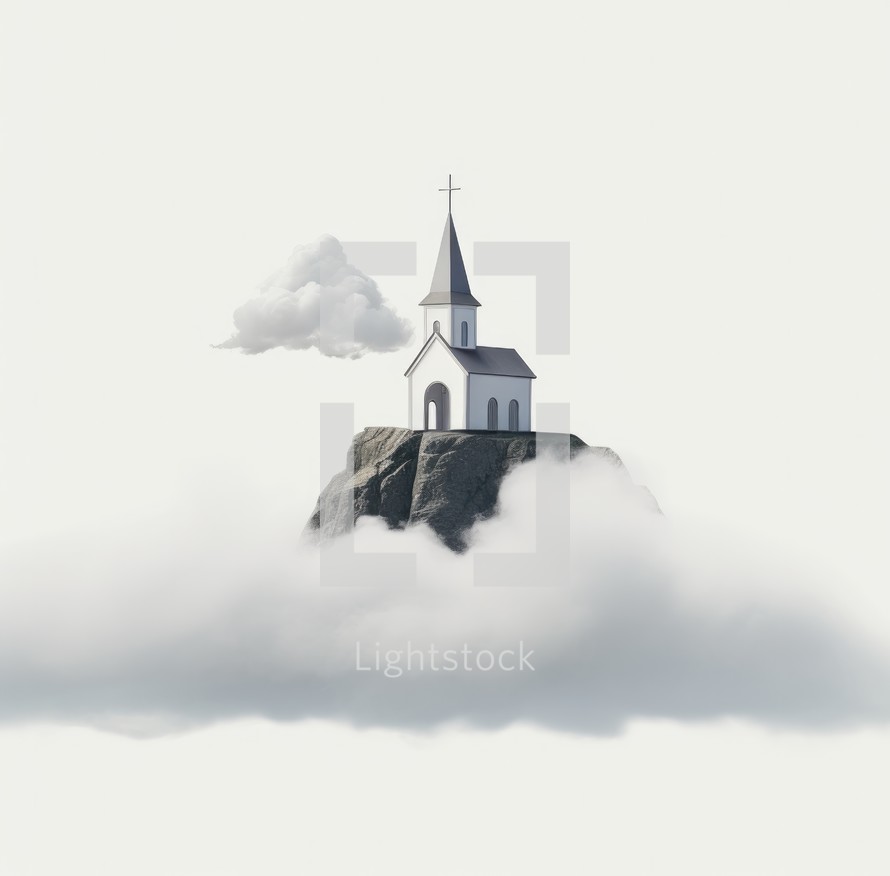 Church on a rock in the clouds, 3d rendering.