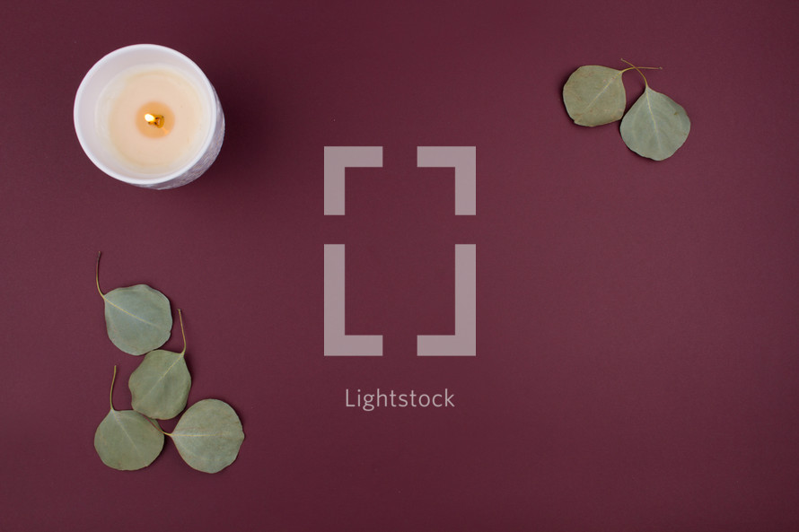 candle and leaves on a maroon background 