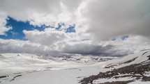 Clouds moving over winter mountains in Iceland Lugavegur trek. Time lapse tilt down
