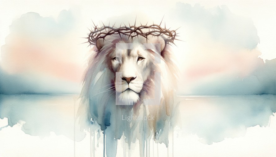Lion with crown of thorns. Jesus, the Lion. Watercolor hand drawn illustration