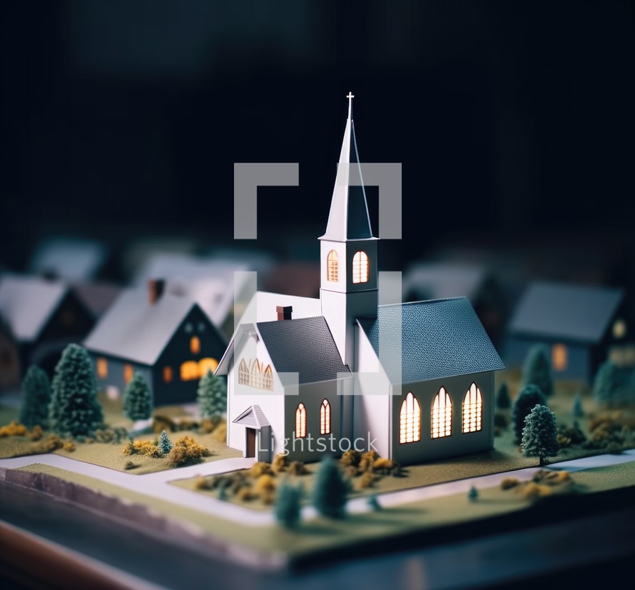 Miniature model of christian church on the background of the city