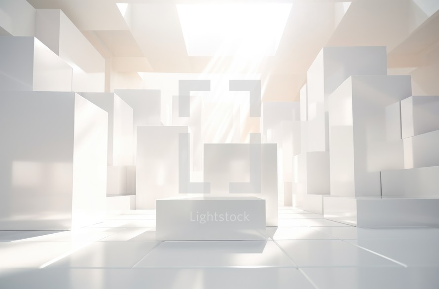 Abstract white interior with podium and sunlight. Light study