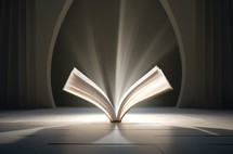 Open book with rays of light coming out of pages on a dark background