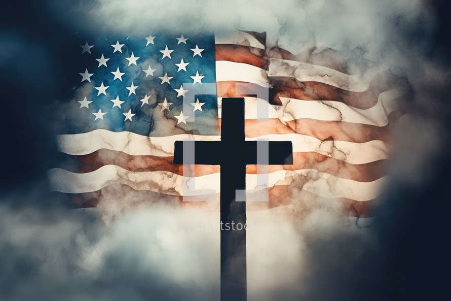 Cross with the flag of the United States of America in the smoke