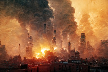 A city is destroyed with fire and plumes of smoke