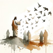 Look at the birds. Watercolor illustration of Jesus and silhouette of people with a flock of birds in the sky