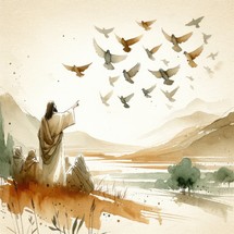 Look at the birds. Watercolor illustration of Jesus Christ showing a flock of birds in the sky