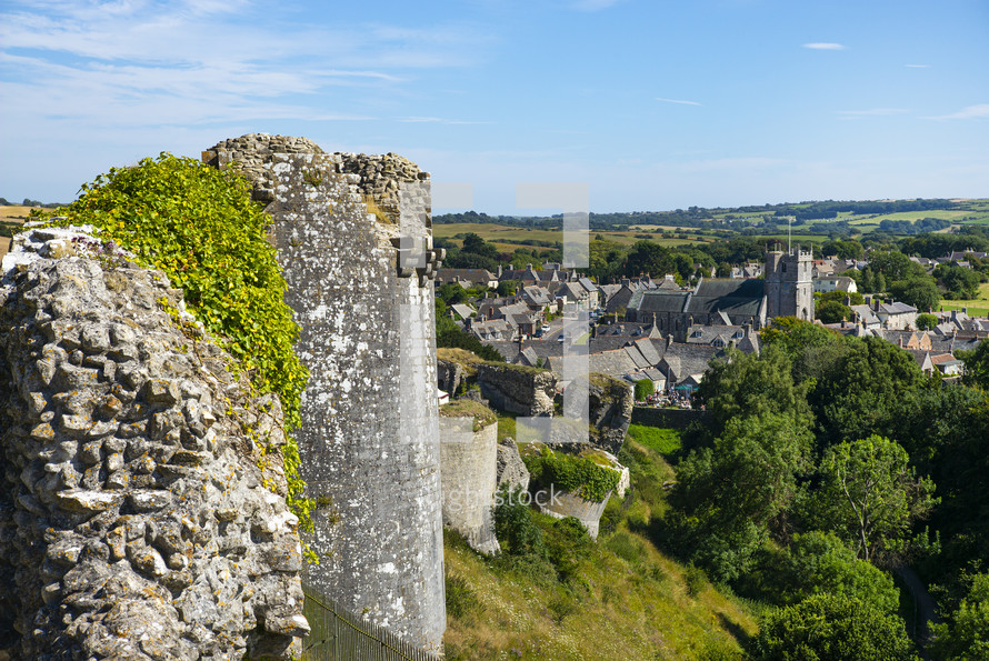 Castle ruins and view of town of Wareham, England