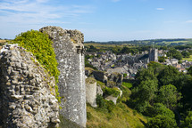 Castle ruins and view of town of Wareham, England