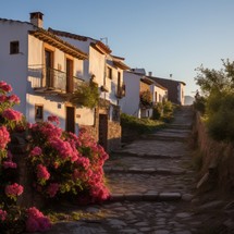 Small Spanish village road with cobblestone, white two-story houses with balconies illuminated by sunset. Empty street
