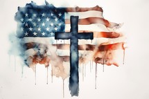 Cross over American flag painted with ink on white background
