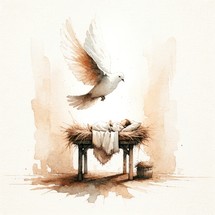 Holy Spirit over the manger with Baby Jesus. Watercolor illustration