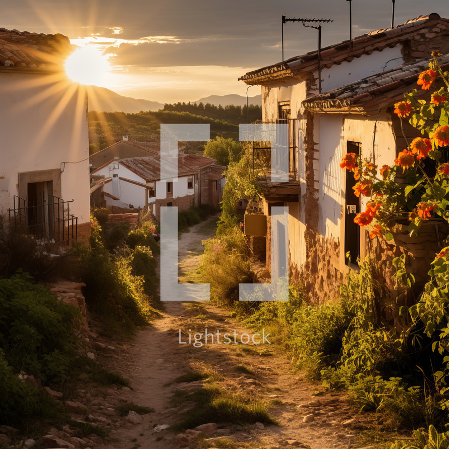 Small Spanish village with two-story buildings, sunset behind mountains, empty street, serene and beautiful landscape