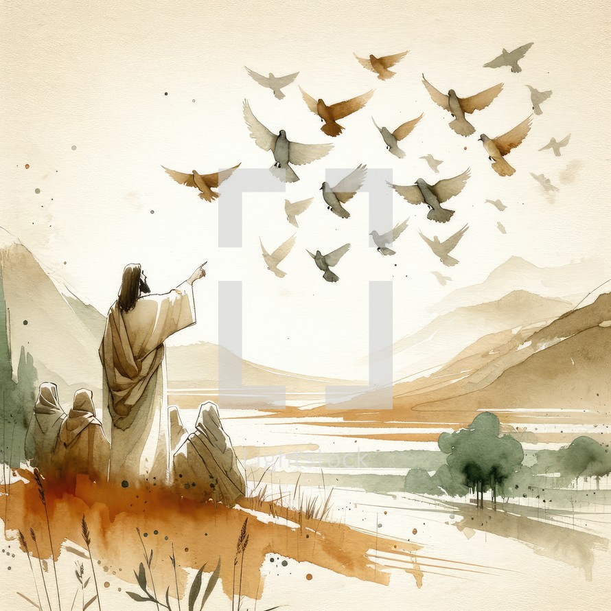 Look at the birds. Watercolor illustration of Jesus Christ showing a flock of birds in the sky