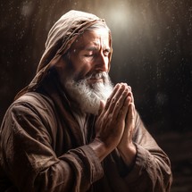 Elderly man praying fervently, surrounded by a serene light, showcasing unwavering devotion