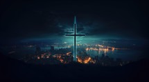 Cross on the background of the city at night. The concept of faith and hope.