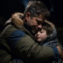 Father hugging his 6-7 year old son in a warm jacket. The boy cuddles up to him while the father smiles, showcasing their loving bond