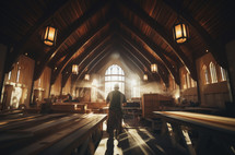 Building for Jesus. Man working in a wooden church