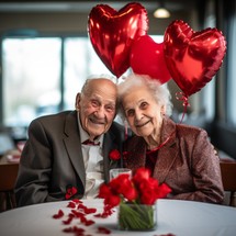 Elderly couple with red heart-shaped balloons in a restaurant