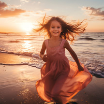 Happy little girl playing on the beach at the sunset time. Concept of friendly family.