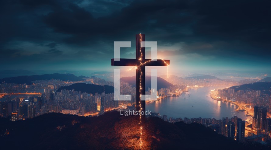 Cross on the top of mountain with cityscape background at night